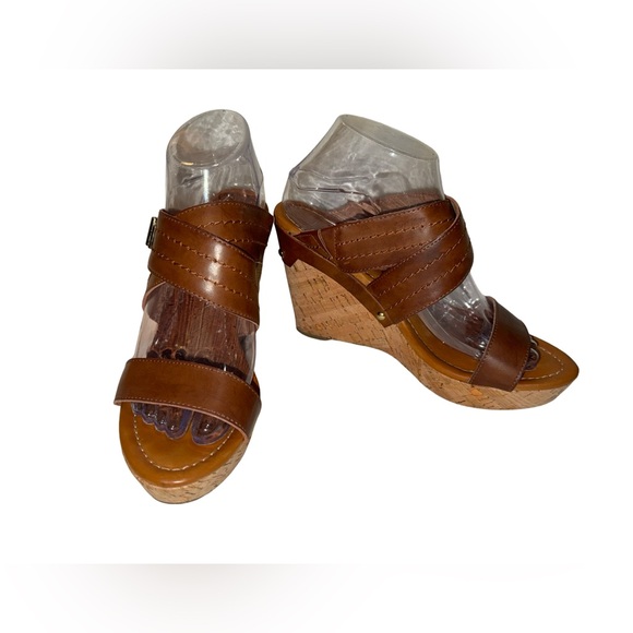 TOMMY HILFIGER tan leather cork wedge sandal, 4” heel - Picture 1 of 7